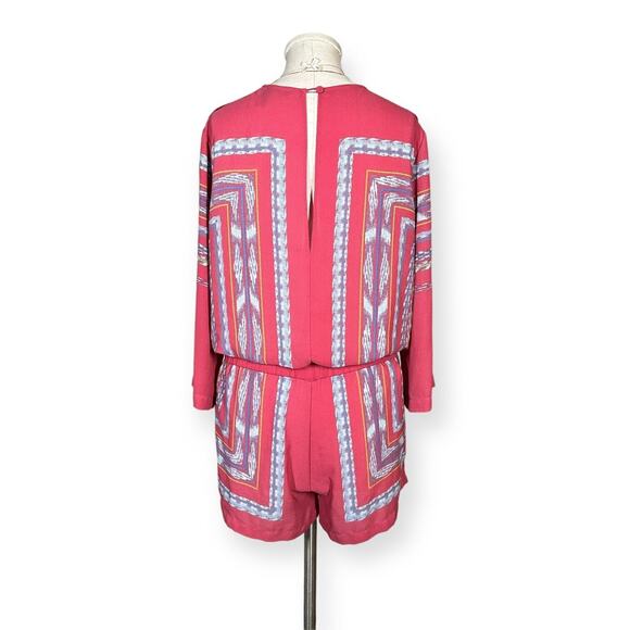 BCBGMAXAZRIA Chiffon Romper Soren Print RollTab Sleeve Pink Coastal Beach Chic - Picture 7 of 13